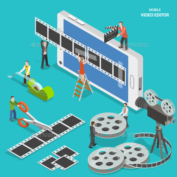Mobile Video Editor Flat Isometric Concept - Media Technology