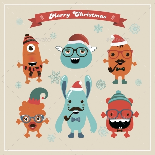 Vector Cute Retro Hipster Christmas Monsters Set - Monsters Characters