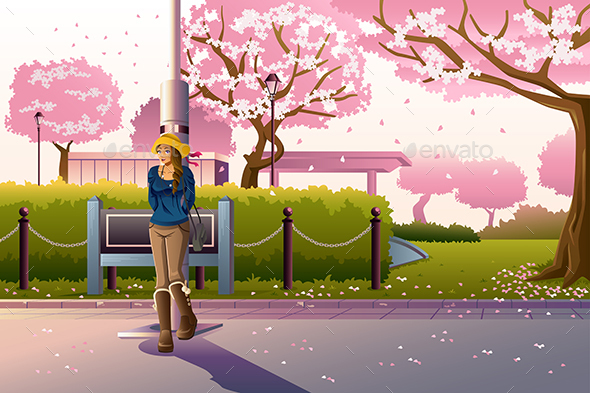 Girl Walking During Cherry Blossom - People Characters