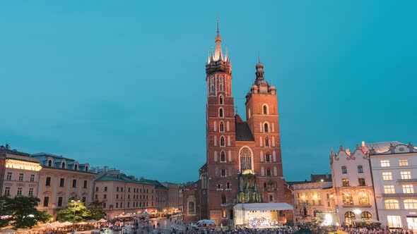 Day to Night Time Lapse of Saint Mary's Church on Main Square in Cracow, Poland