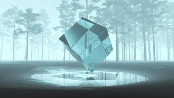 Abstraction rotating transparent cube in a pine forest.