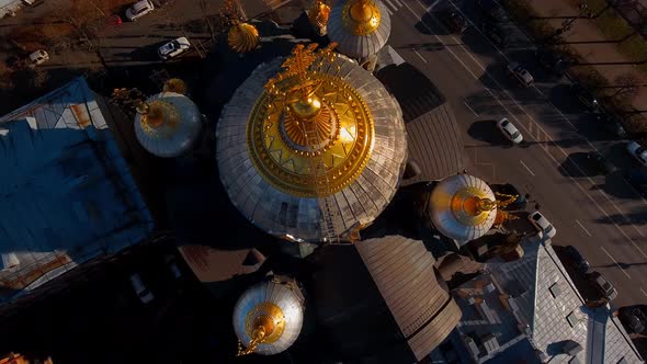 Aerial Footage of Golden Dome of Church of the Assumption of the Blessed Virgin Mary Blockade Temple alt