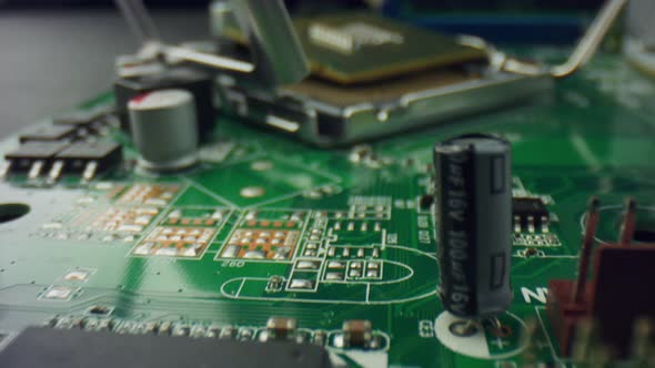 Electronic Computer Motherboard. Closeup Elements of Motherboard Digital Chip alt