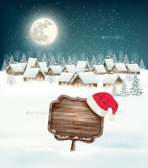 Winter Village Night Background with Wooden Sign - Christmas Seasons/Holidays