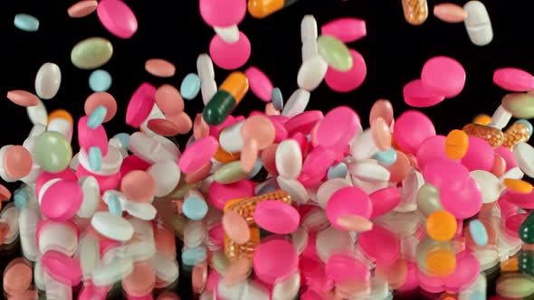 Super Slow Motion Shot of Falling Colorful Pills on Black Background at 1000Fps. alt