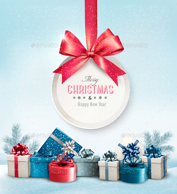 Merry Christmas Card with a Ribbon and Gift Boxes - Christmas Seasons/Holidays