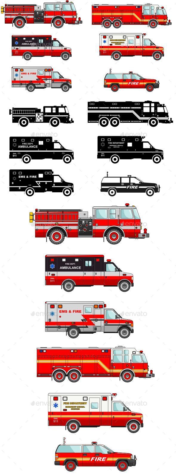 Fire Trucks And Ambulance Cars In Flat Style - Man-made Objects Objects