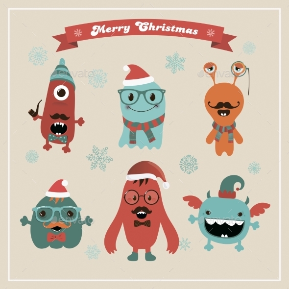 Vector Cute Retro Hipster Christmas Monsters Set - Monsters Characters