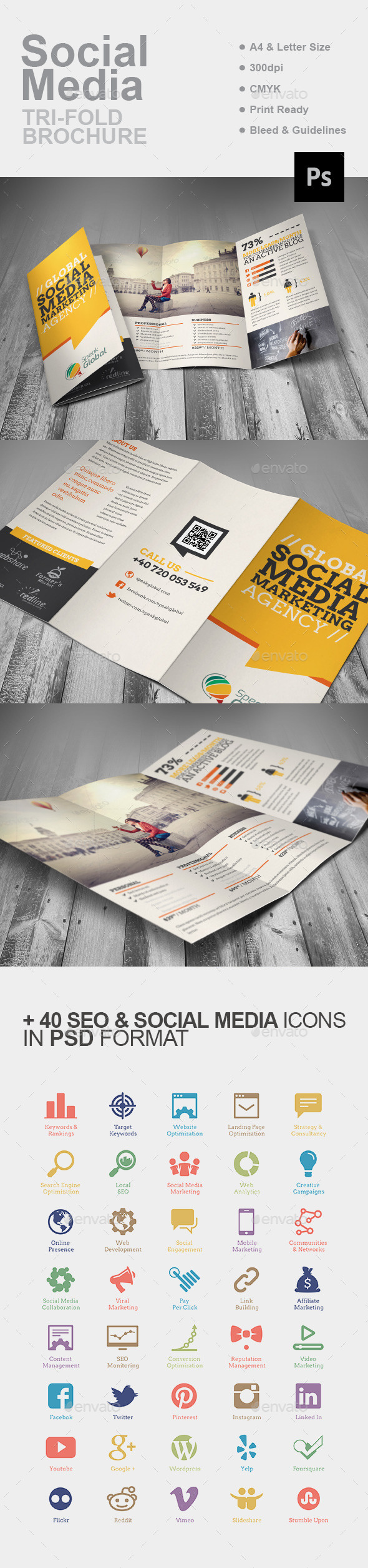 Social Media Marketing Tri-fold Brochure - Brochures Print Templates
