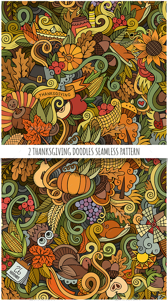 2 Thanksgiving Doodles Seamless Patterns - Seasons/Holidays Conceptual