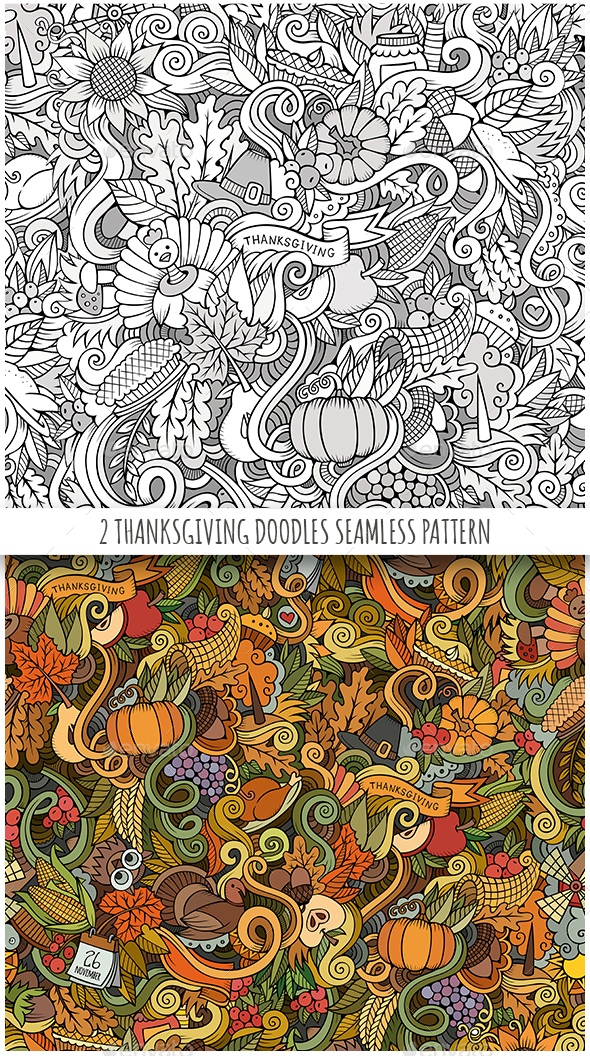 2 Thanksgiving Doodles Seamless Patterns - Seasons/Holidays Conceptual