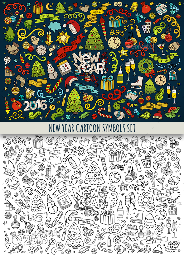 New Year Doodles Objects Set - New Year Seasons/Holidays