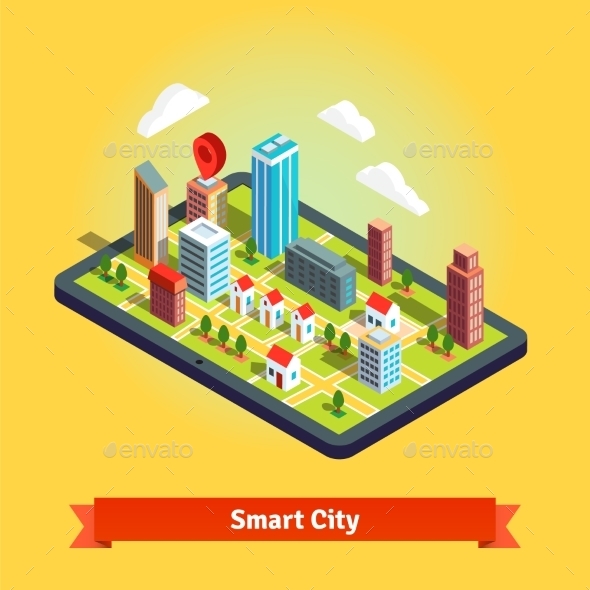 Isometric Navigation Map Of a Small Town - Technology Conceptual