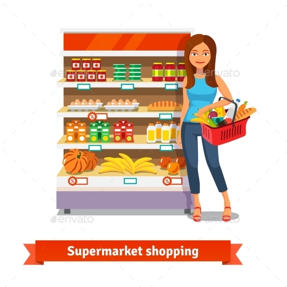 Young Woman Standing Near Supermarket Shelves - Commercial / Shopping Conceptual
