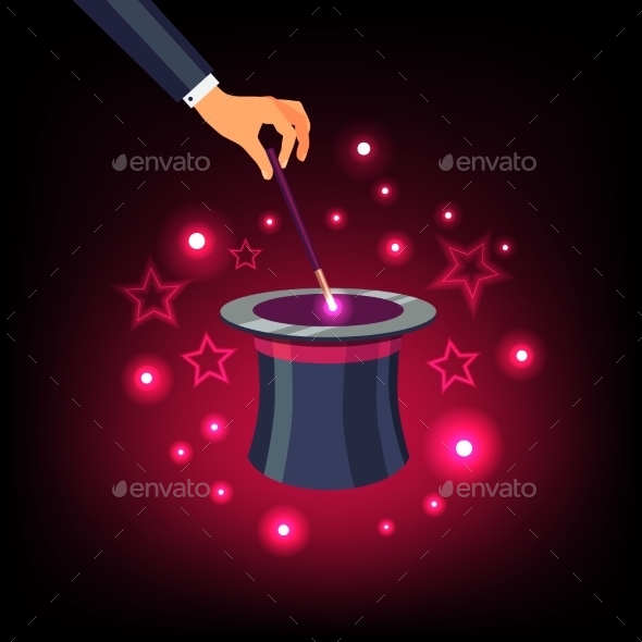Hand Holding Magic Wand Over a Magical Top Hat - Conceptual Vectors