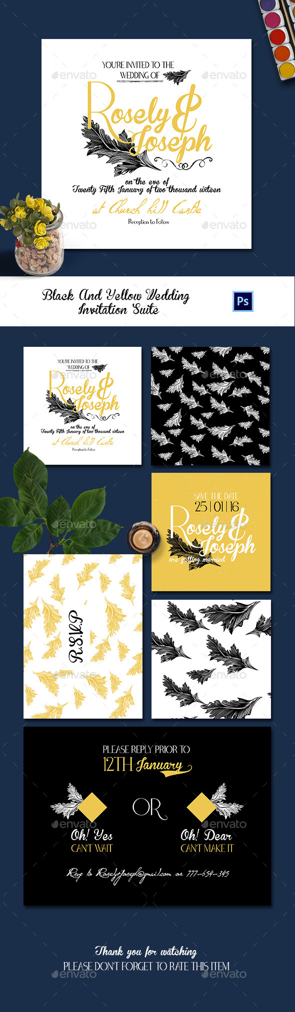 Black And Yellow Wedding Invitation Suite