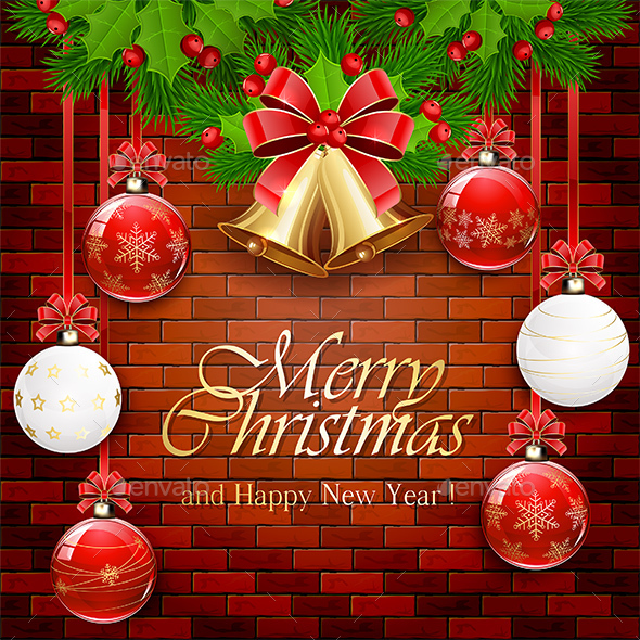 Christmas Balls and Golden Bells on a Brick Wall - Christmas Seasons/Holidays