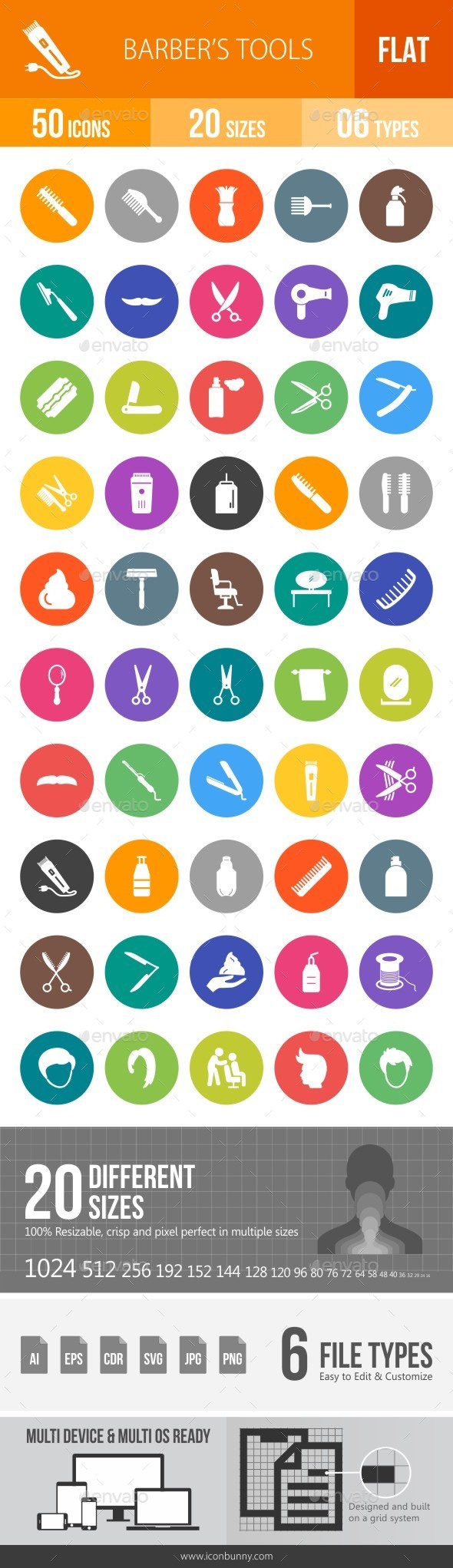 Barber's Tools Flat Round Icons - Icons