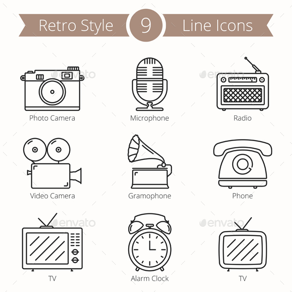 9 Retro Objects Line Icons - Man-made objects Objects
