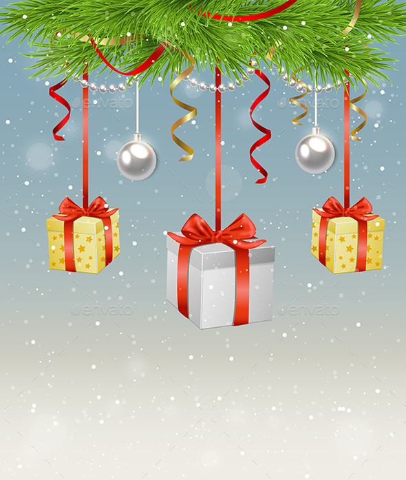 Green Fir Branch and Gifts - Christmas Seasons/Holidays