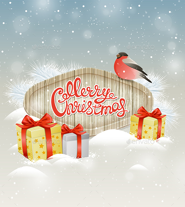 Bullfinch and Gifts in Snow - Christmas Seasons/Holidays