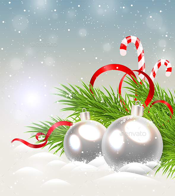 Silver Decorations and Candy Cane - Christmas Seasons/Holidays