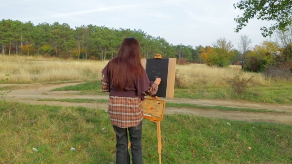 Woman Painter Creating Autumn Picture At Nature