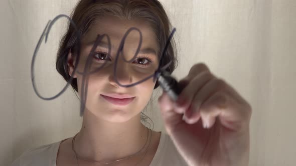 Woman Writing OPEN Sign on Glass Cafe Door Attractive Woman After Quarantine