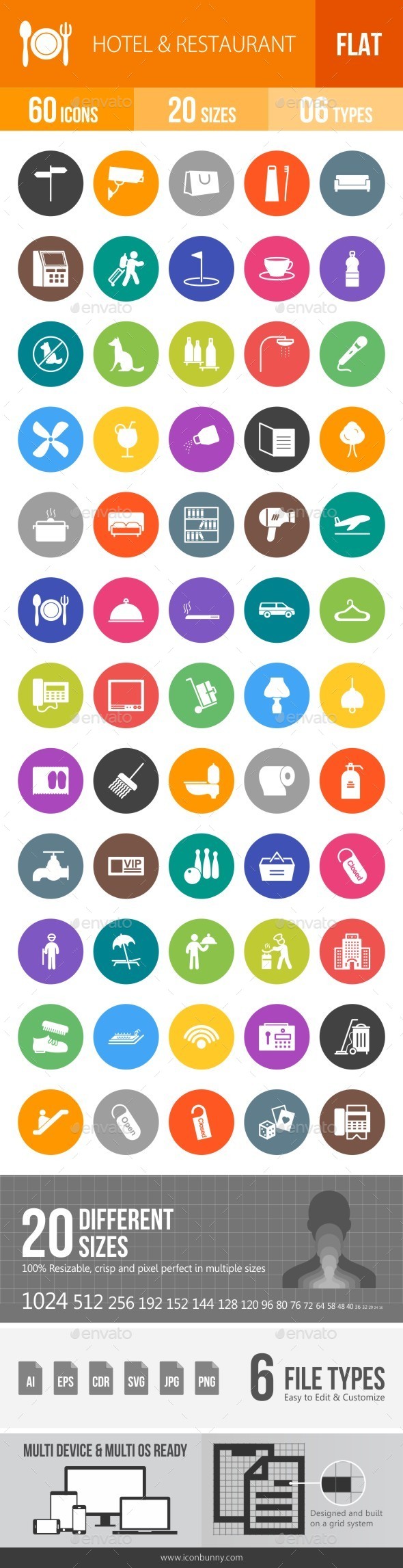 Hotel & Restaurant Flat Round Icons - Icons