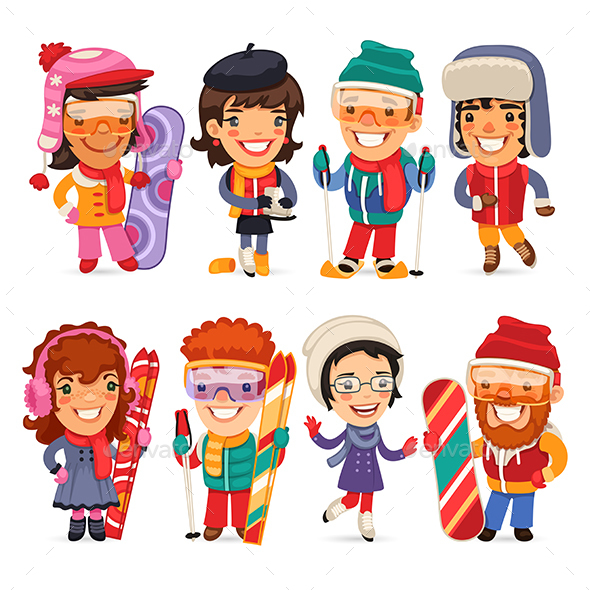 Cute Cartoon Skiers, Skaters and Snowboarders - People Characters