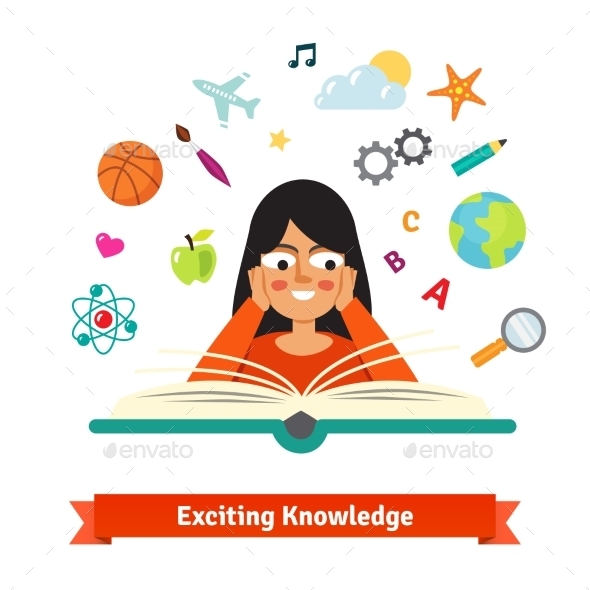 Young Brunette Girl Reading a Book Exited - People Characters