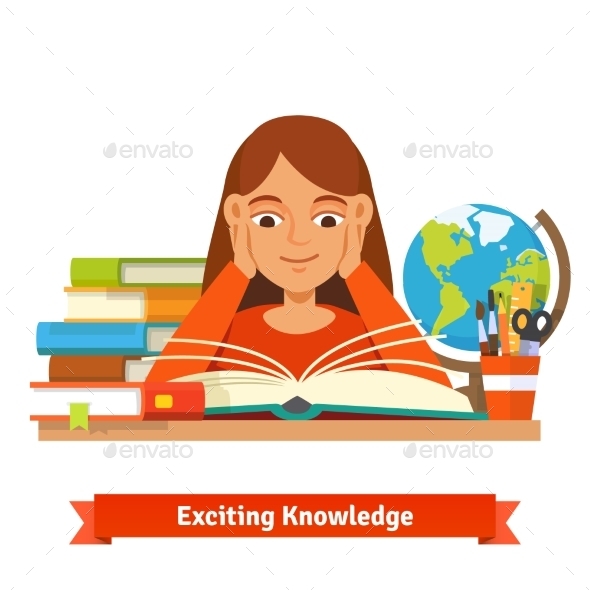 Young Brown Hair Girl Student Reading a Book - People Characters