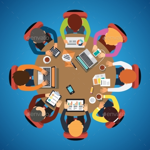 Eight People Team Sitting and Working Together - People Characters