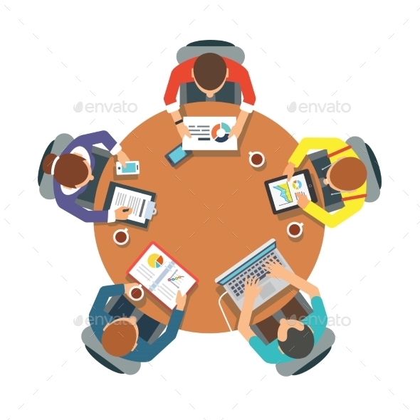 Five People Team Sitting and Working Together - People Characters