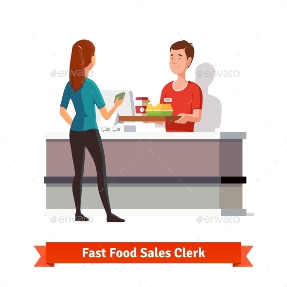 Sales Clerk Handing Tray to a Woman Customer - Food Objects