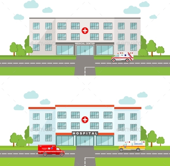 Medical Concept with Hospital and Ambulance Car - Buildings Objects