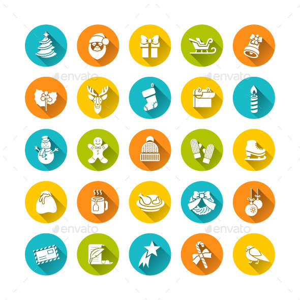 Christmas Flat Round Icons Set - Seasonal Icons