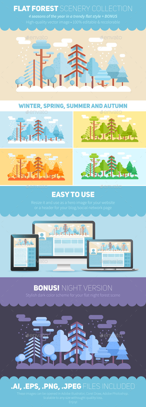 Flat Style Forest Scenery: 6 Color Schemes - Seasons Nature
