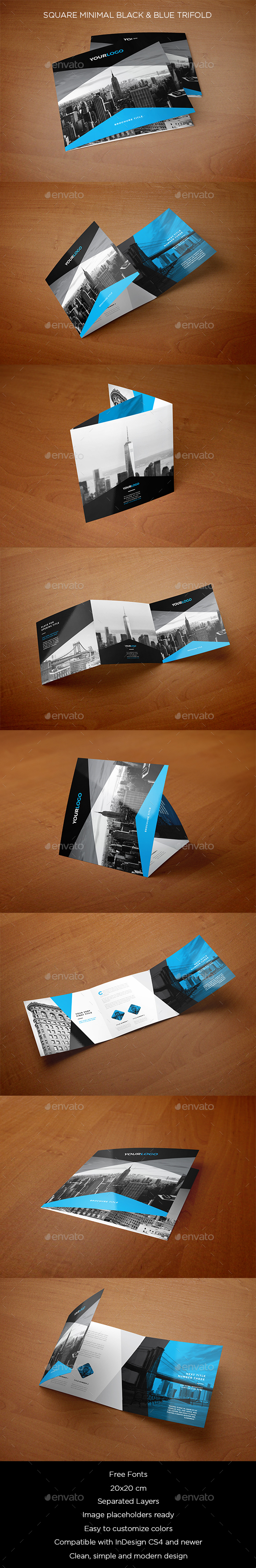 Square Minimal Black & Blue Trifold - Brochures Print Templates