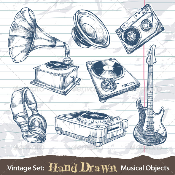 Set of hand drawn musical objects - Objects Vectors