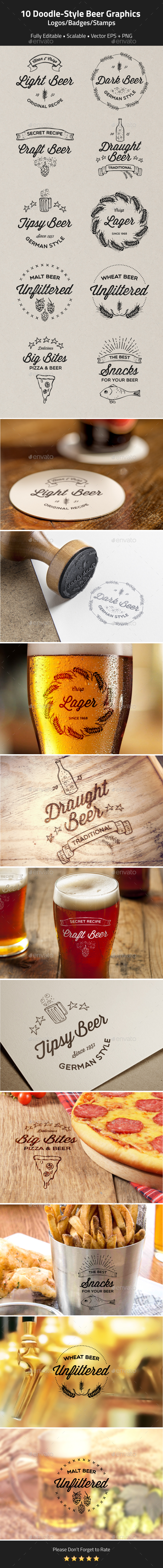 10 Doodle-Style Beer logos, badges, stamps - Badges & Stickers Web Elements