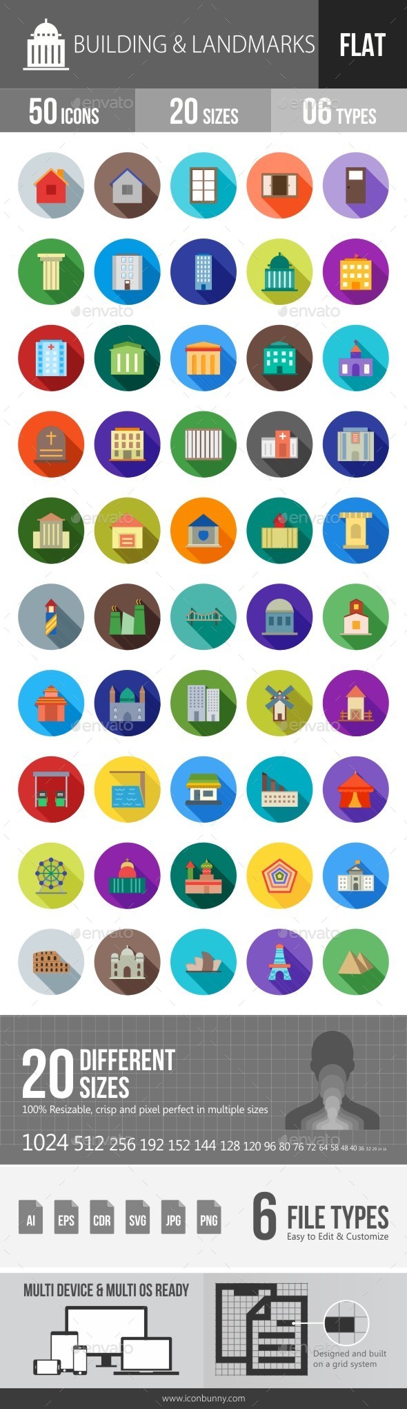 Building & Landmarks Flat Shadowed Icons - Icons