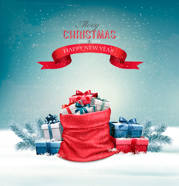 Christmas Snowy Background With A Red Sack - Christmas Seasons/Holidays