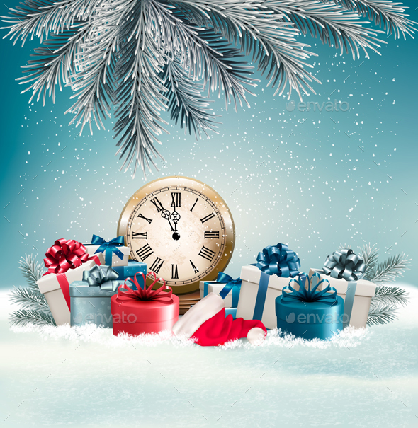 Winter Background With Presents And Clock. - Christmas Seasons/Holidays