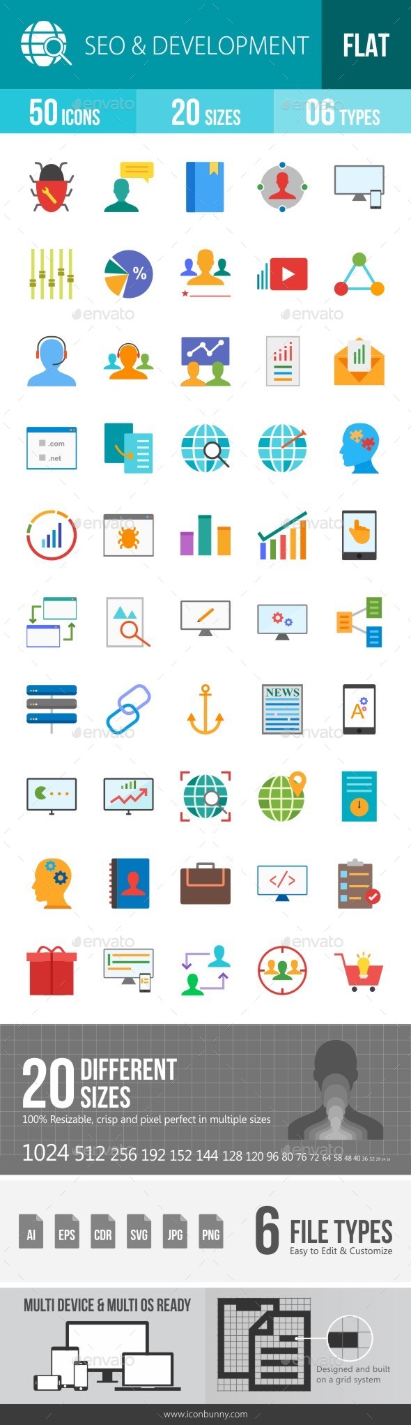 SEO & Development Services Flat Multicolor Icons - Icons