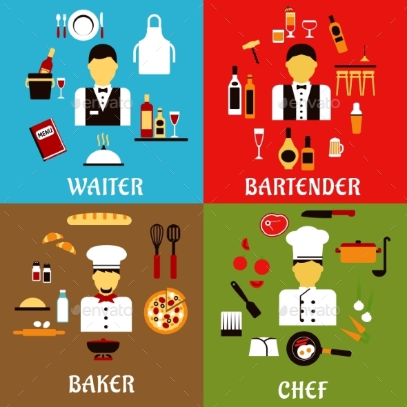 Chef, Baker, Waiter And Bartender Professions - Food Objects