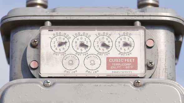 A gas meter gauges in closeup camera. Fast fuel flow shown in a timelapse. 4KHD