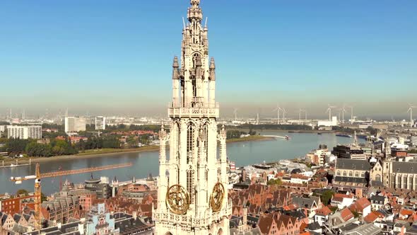 Close up of the North tower of the Cathedral of Our Lady , Antwerp, Belgium. Aerial view alt