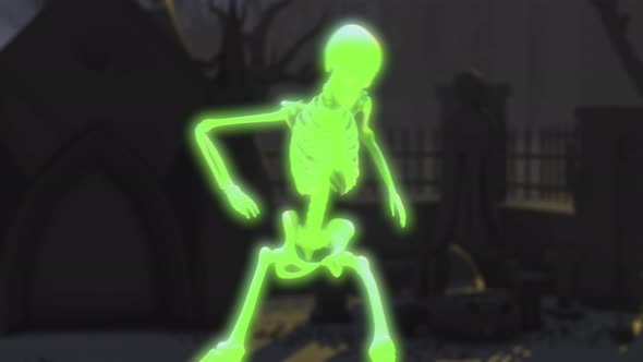4K Glowing dancing skeleton in a graveyard