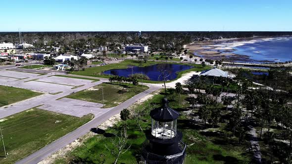 Port St. Joe, Florida - An aerial view of the Cape San Blas Lighthouse and museum. alt